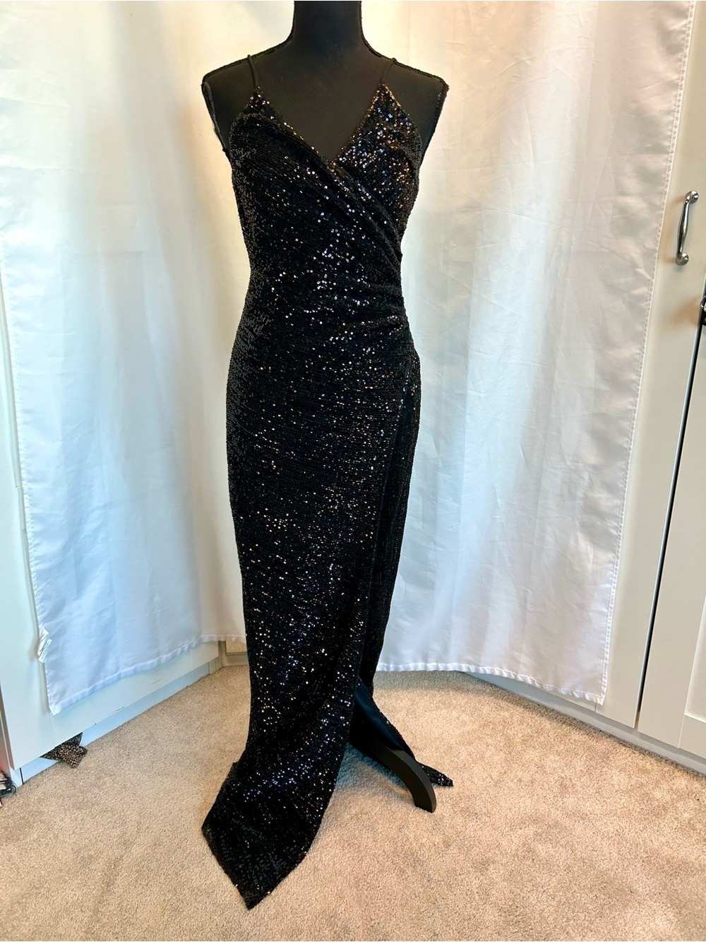 Black Sequin embellished Spaghetti Strap V-neck Formal Evening Gown high slit 8 - Picture 3 of 15